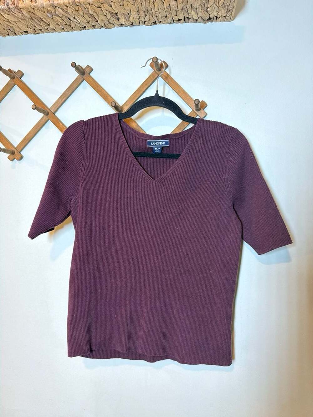 Lands' End 100% Cotton Ribbed V-Neck Short Sleeve Sweater Plum Size M/P